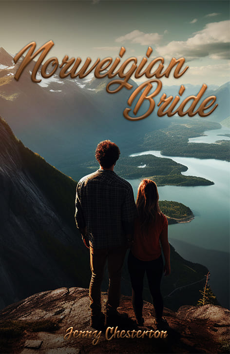 Book cover featuring a Norwegian bride in traditional attire, showcasing intricate details and a serene landscape backdrop.